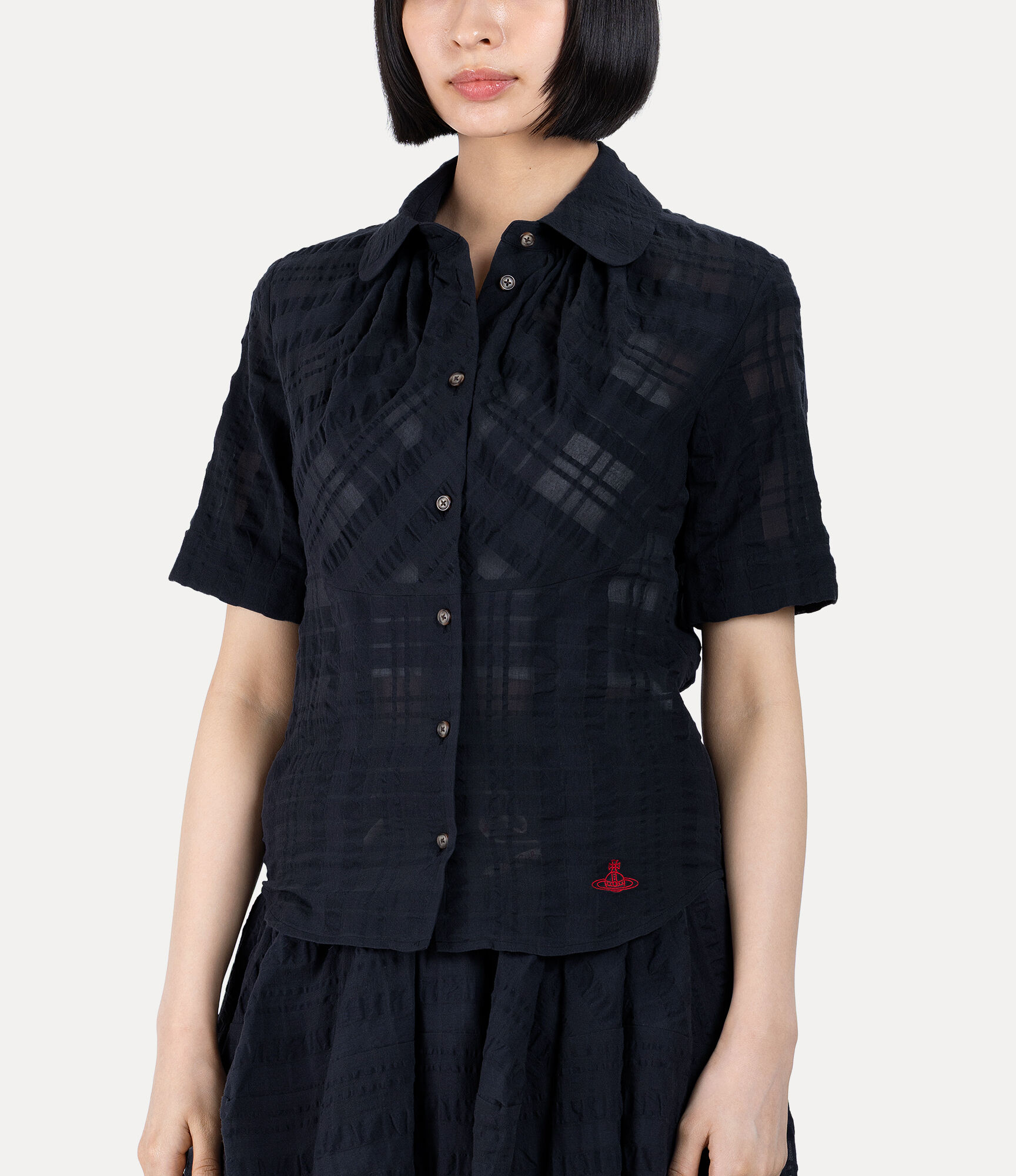 Shadow Check Short Sleeve Bib Gathered Shirt  large image number 4