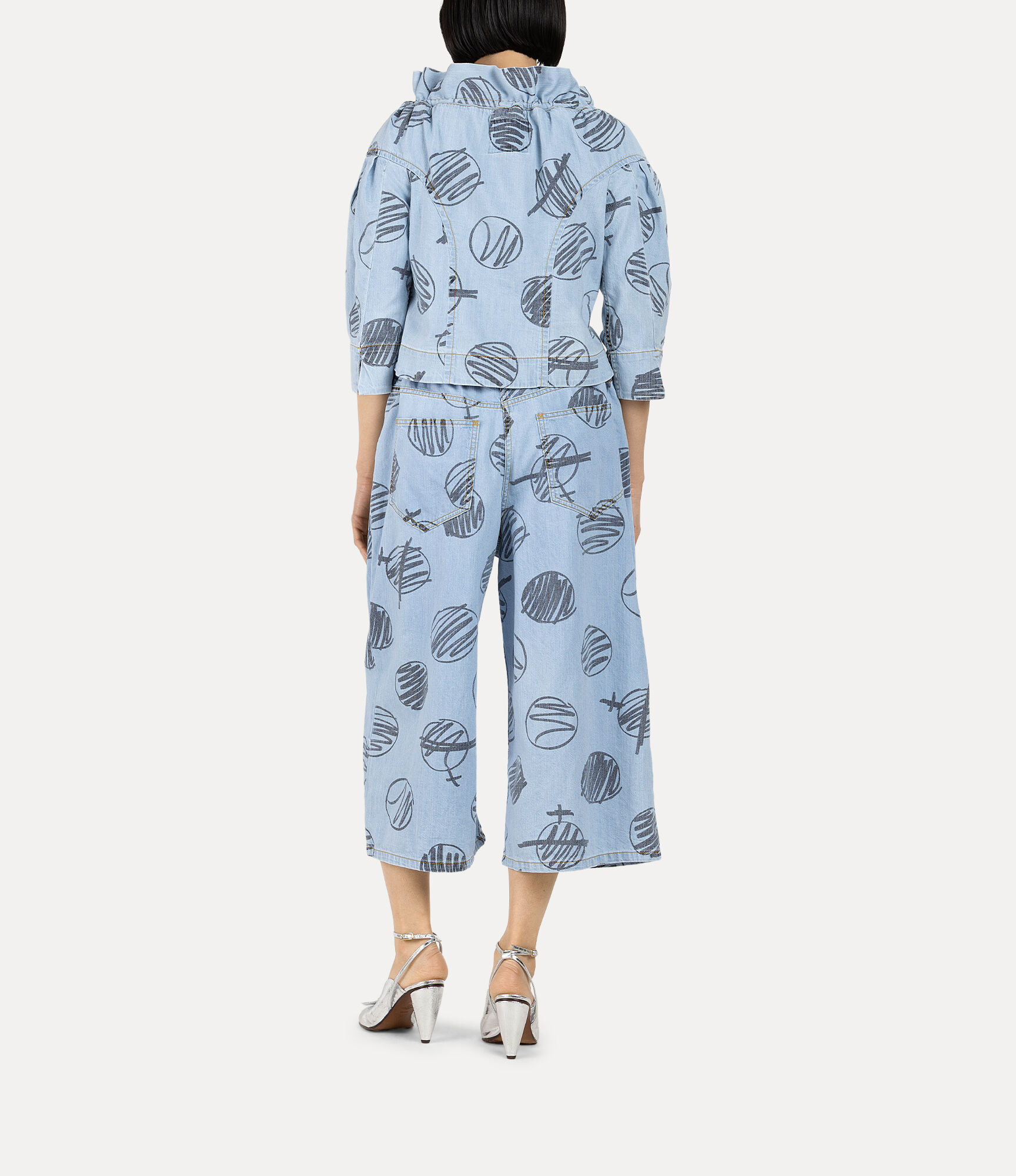 Scribble Dots Print Denim Elastic Gathered Wide Trousers  large image number 3