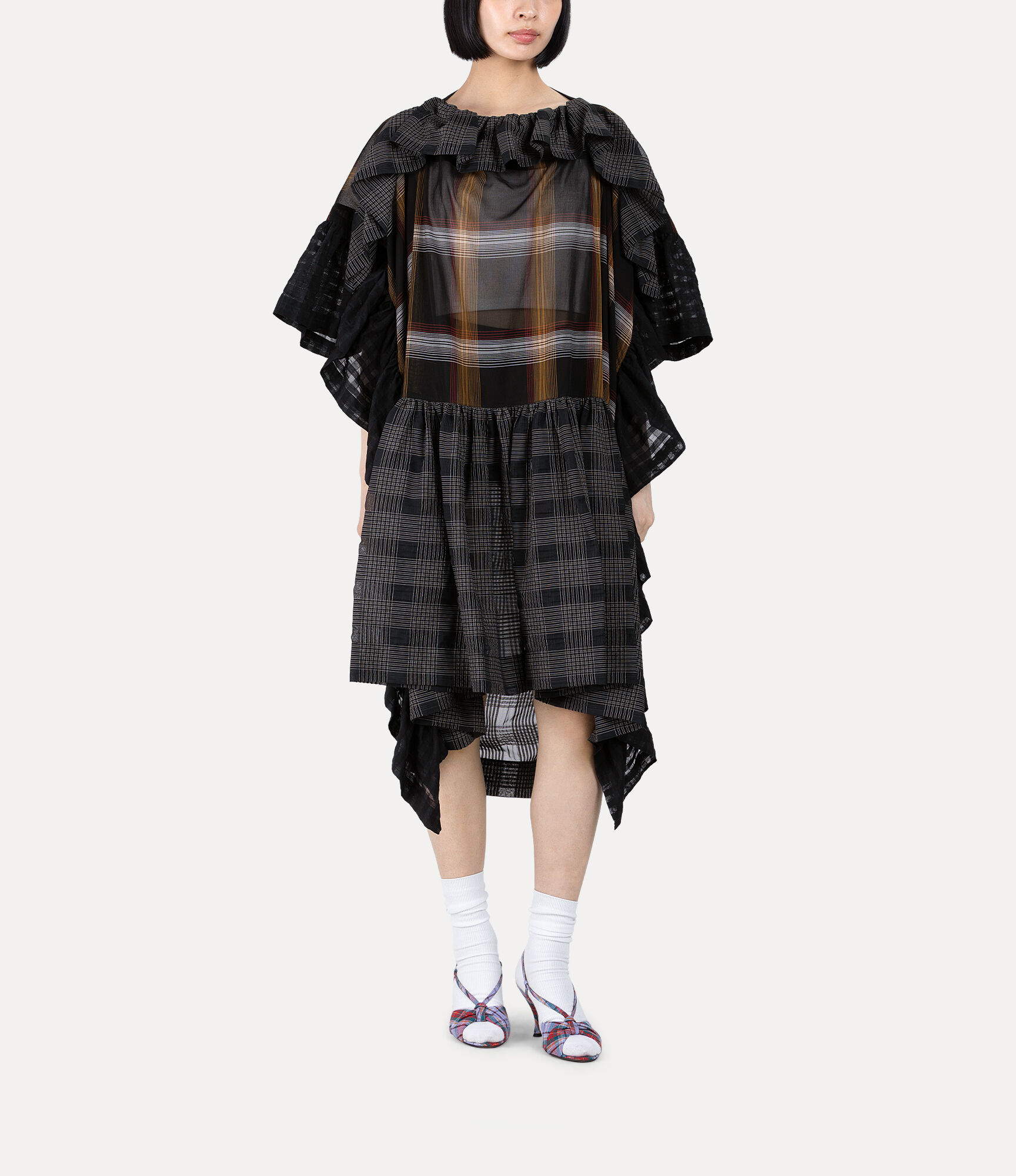 Texture Check Blocking Gathered Frill Dress  large image number 4