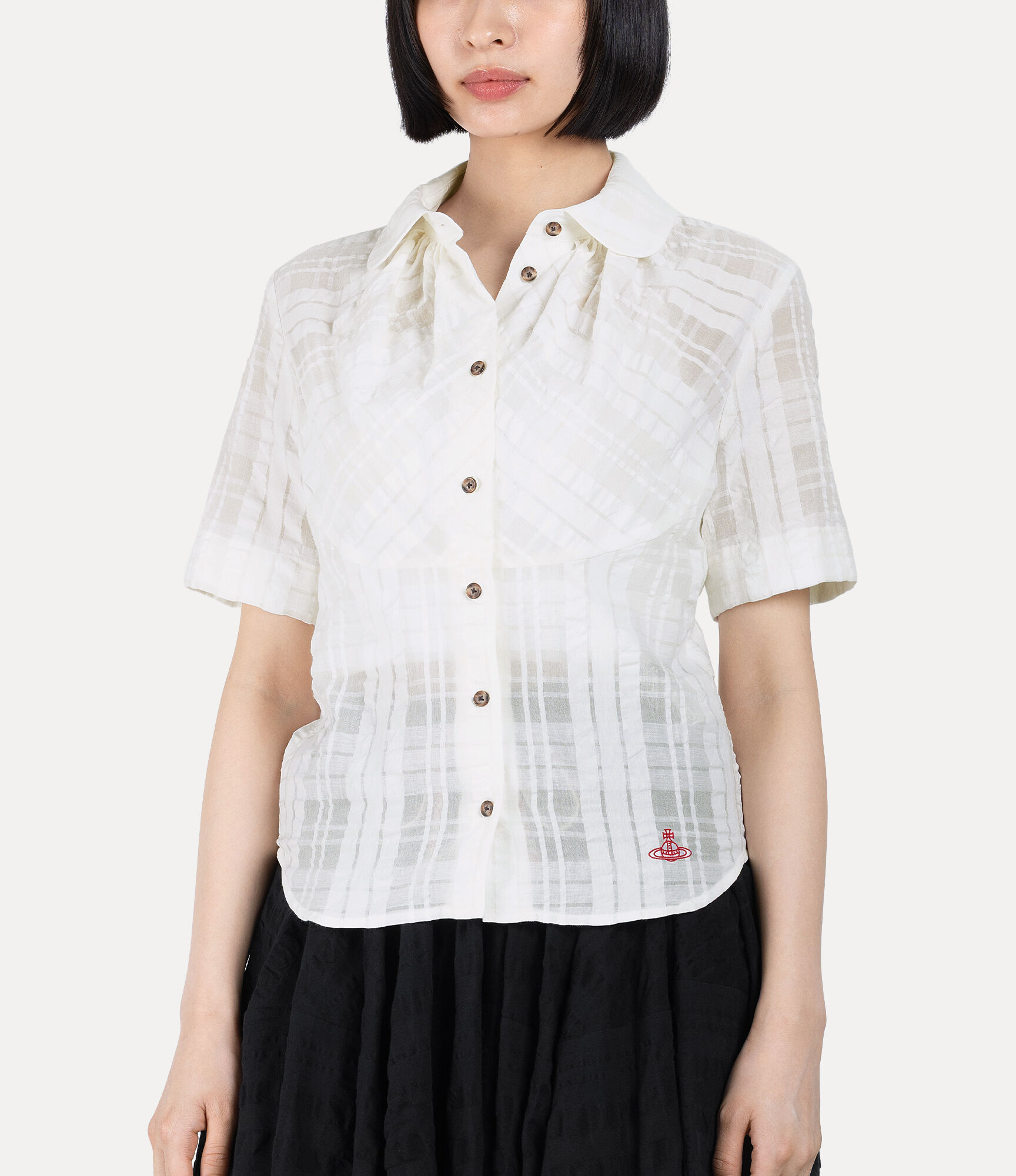 Shadow Check Short Sleeve Bib Gathered Shirt  large image number 4