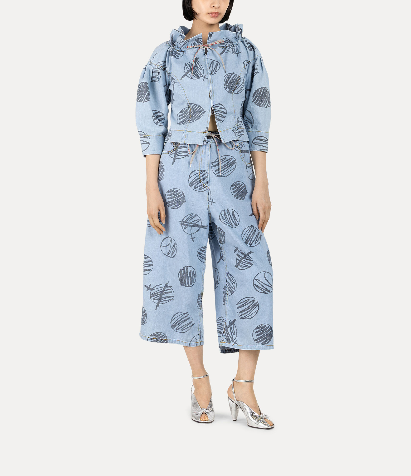 Scribble Dots Print Denim Elastic Gathered Wide Trousers  large image number 2