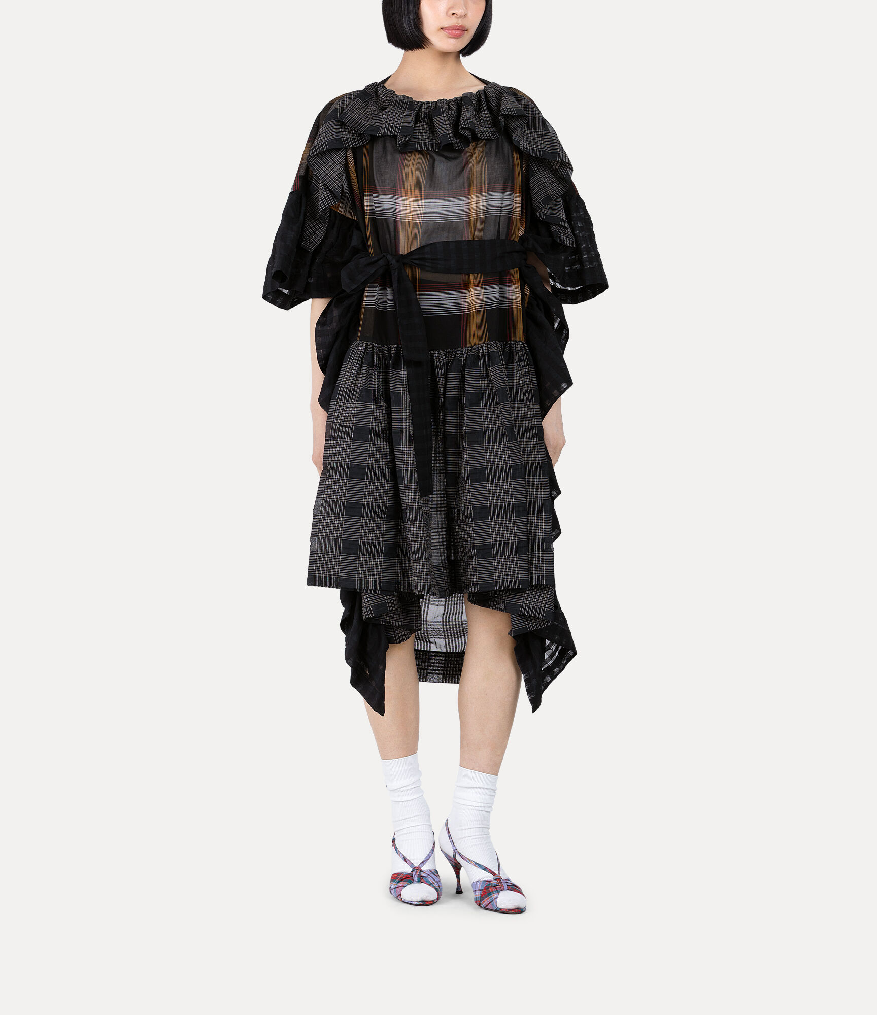 Texture Check Blocking Gathered Frill Dress  large image number 2