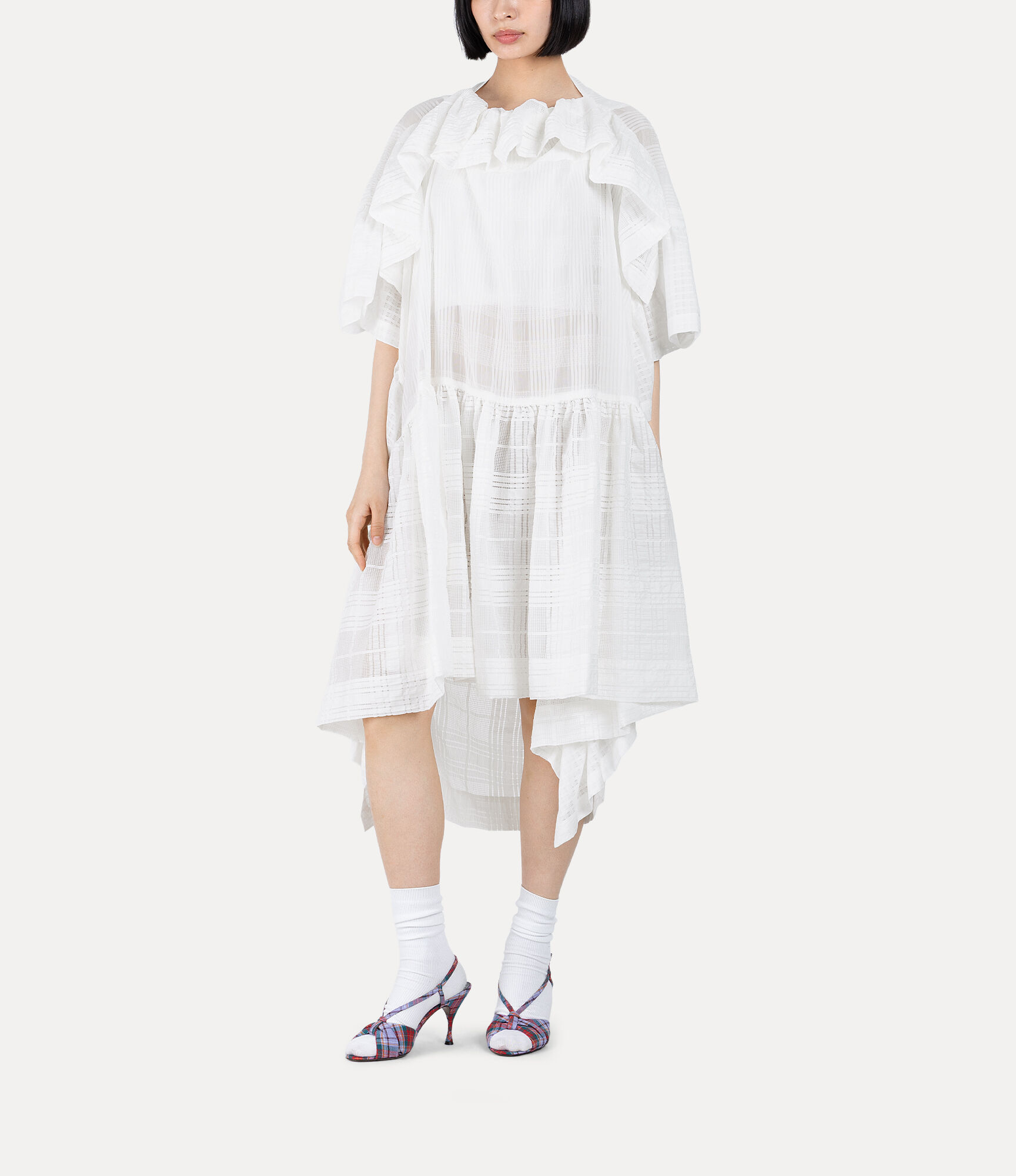 Texture Check Blocking Gathered Frill Dress  large image number 4